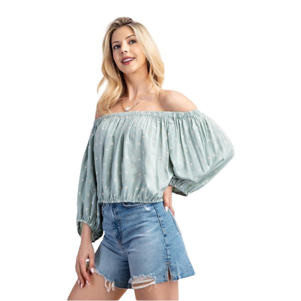 BREEZY BABE EMBROIDERY PRINT OFF SHOULDER PUFF SLEEVE NOVELTY TOP
Lt. Aqua Green